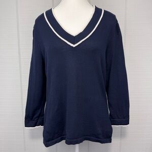 Lauren Ralph Lauren Navy Blue White Stripe V-neck  Knit Sweater Preppy Nautical